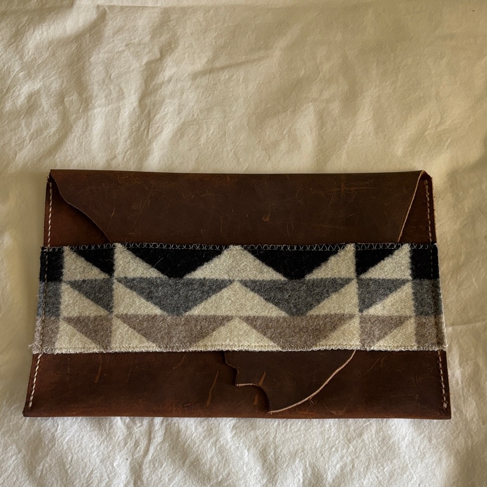 NWOT Brown Leather and Patterned Wool Envelope Clutch